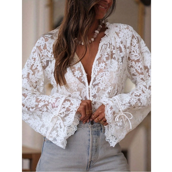 Guipure Lace on Mesh White V-Neck Floral Pattern Button Down Shirt Sheer - Picture 2 of 11